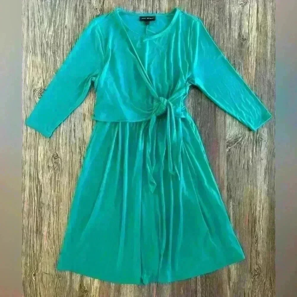 Lane Bryant 3/4 Sleeve Faux Wrap Jersey Midi Dress Size 10/12 Green